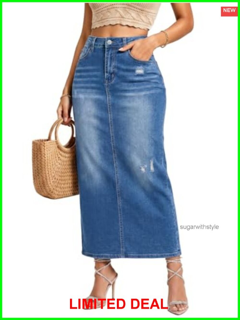 High Waisted Long Denim Skirt Distressed Back Slit Stretch Women